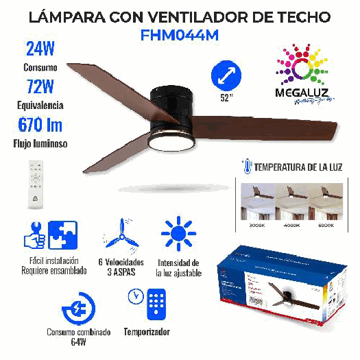 VENTILADOR LAMPARA 64W 3 ASPAS DE MADERA FHM044M
