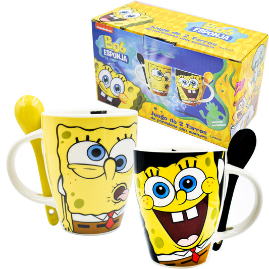 Set Juego 2 Tazas con Cuchara Nickelodeon Bob Esponja Ceramica 340ml