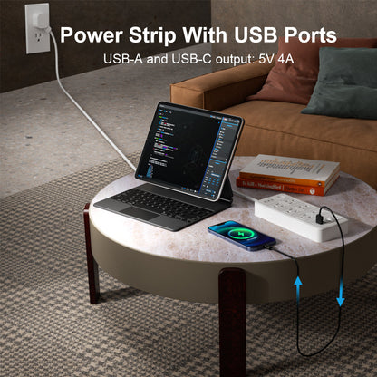 Multicontacto con Puertos USB y Tipo C – 6 Entradas con Carga Rápida y Cable Resistente (20W) - Negro