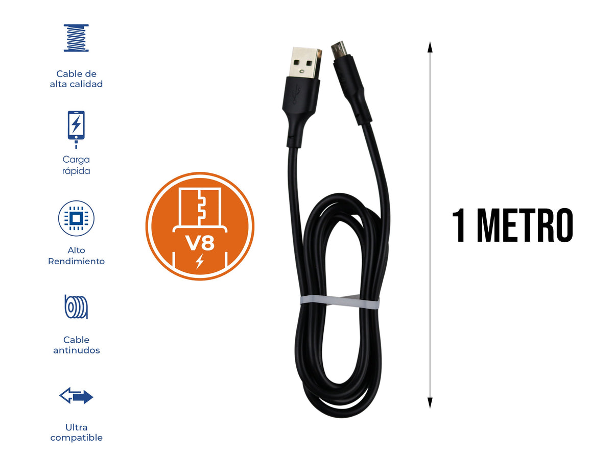 Cable USB a V8 1 Metro 2.4A Carga y Datos - Negro