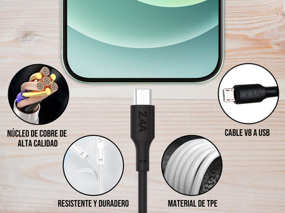 Cable USB a V8 1 Metro 2.4A Carga y Datos - Negro