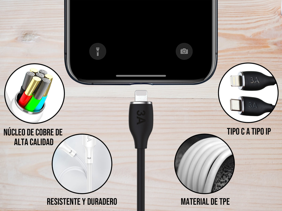 Cable Tipo C a iPhone 30W Carga Rápida Negro - Blanco