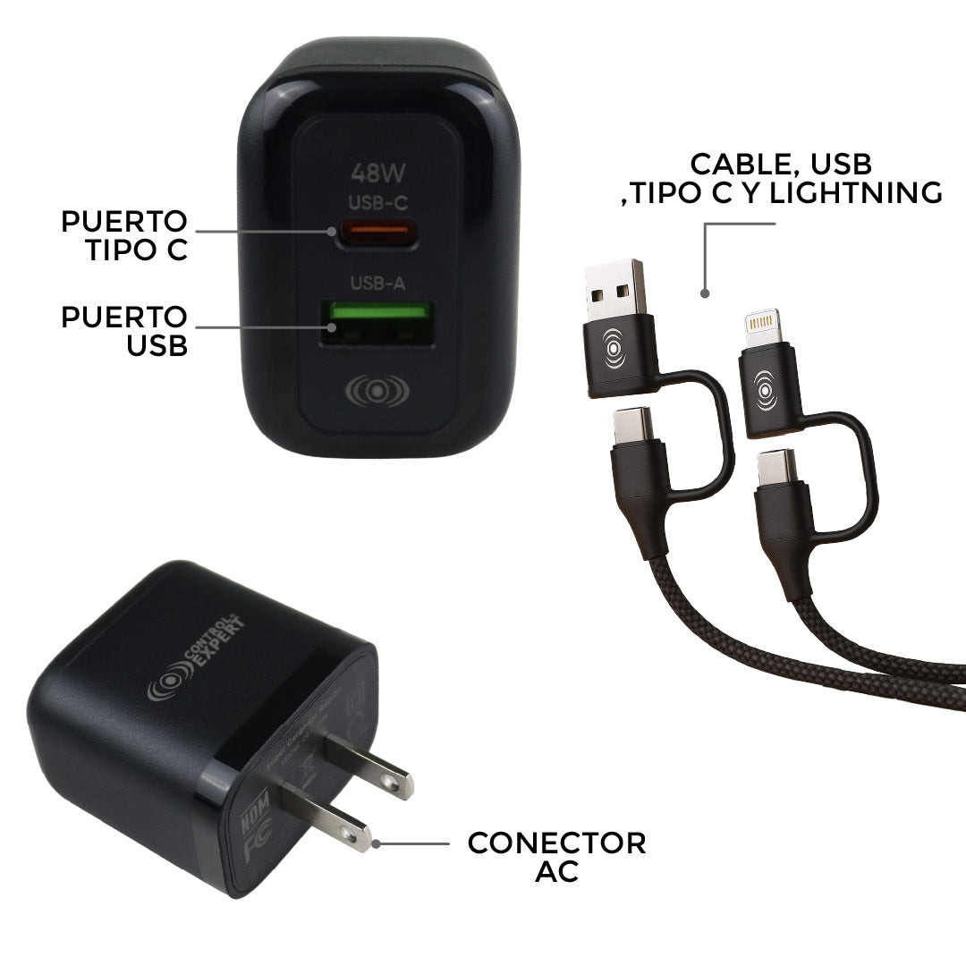 Cargador 48W 4 en 1 USB-C USB-A IPhone Cable Multiconector Carga Rápida