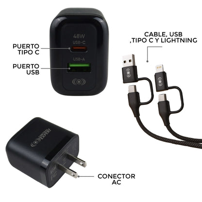 Cargador 48W 4 en 1 USB-C USB-A IPhone Cable Multiconector Carga Rápida