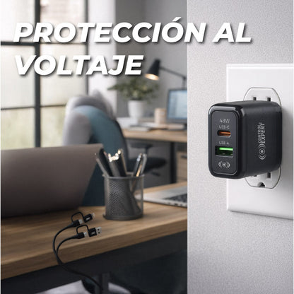 Cargador 48W 4 en 1 USB-C USB-A IPhone Cable Multiconector Carga Rápida