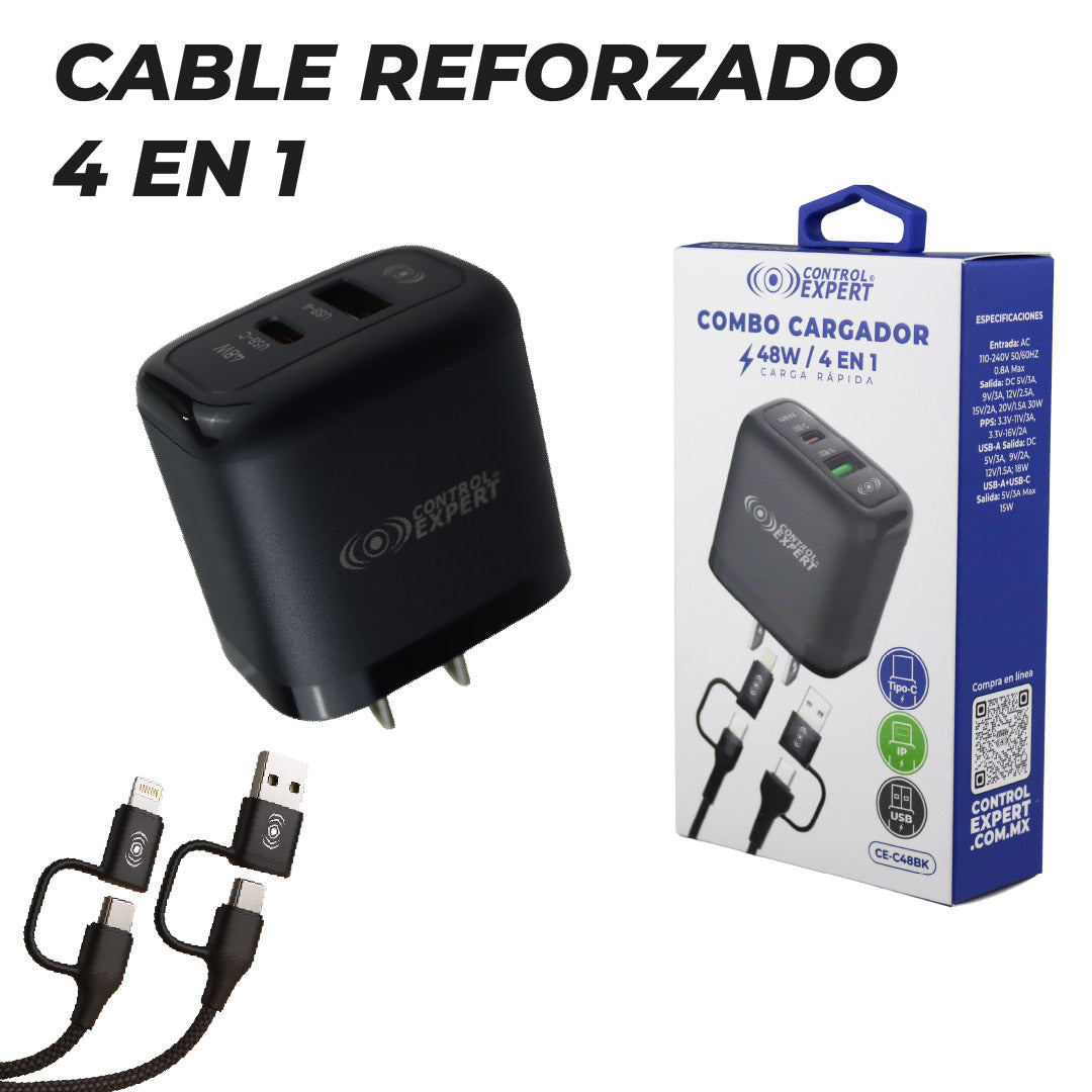 Cargador 48W 4 en 1 USB-C USB-A IPhone Cable Multiconector Carga Rápida