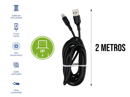 Cable USB a iPhone Negro 2 metros 2.4 A - Negro