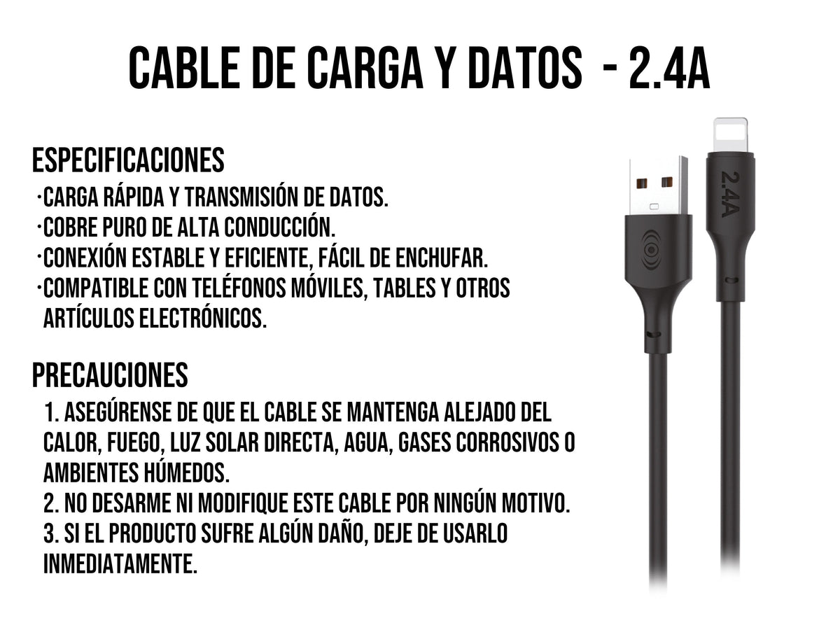 Cable USB a iPhone Negro 2 metros 2.4 A - Blanco