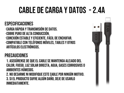 Cable USB a iPhone Negro 2 metros 2.4 A - Blanco