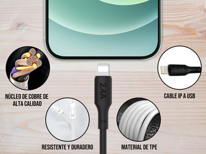 Cable USB a iPhone Negro 2 metros 2.4 A - Blanco