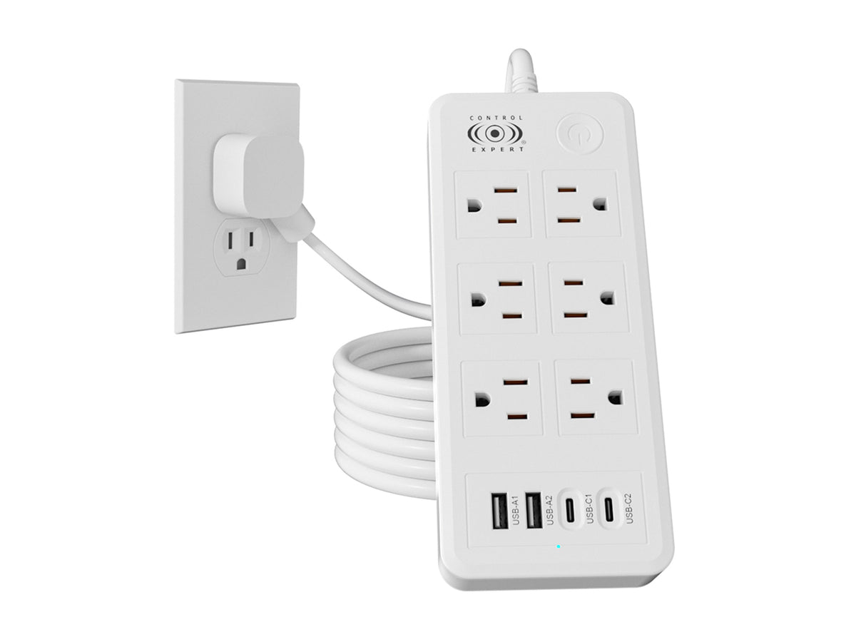 Multicontacto con Puertos USB y Tipo C – 6 Entradas con Carga Rápida y Cable Resistente (20W) - Negro