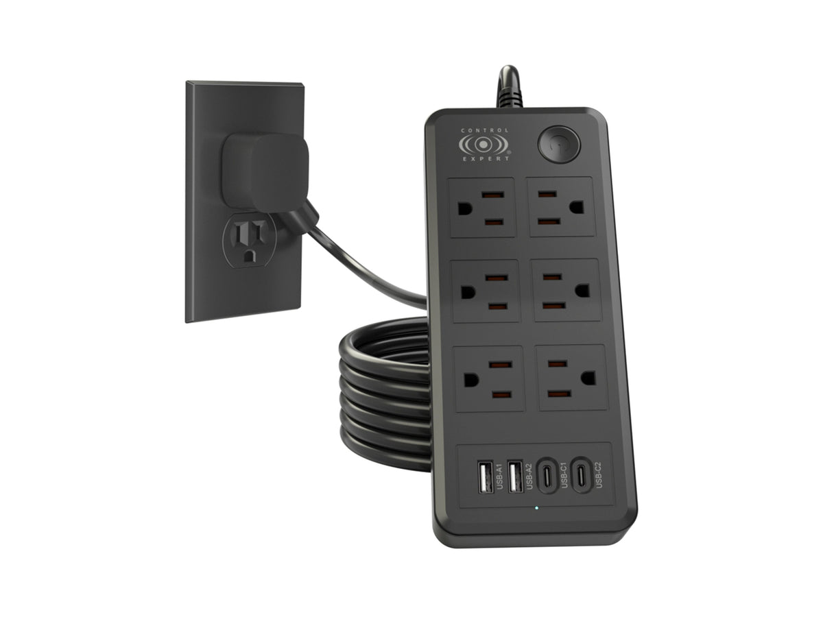 Multicontacto con Puertos USB y Tipo C – 6 Entradas con Carga Rápida y Cable Resistente (20W) - Negro