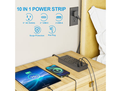 Multicontacto con Puertos USB y Tipo C – 6 Entradas con Carga Rápida y Cable Resistente (20W) - Negro
