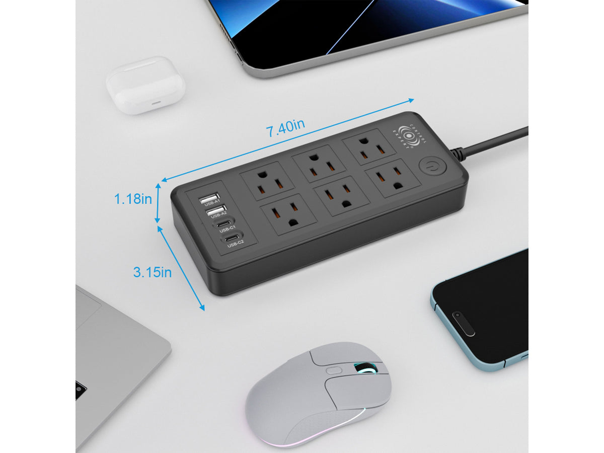 Multicontacto con Puertos USB y Tipo C – 6 Entradas con Carga Rápida y Cable Resistente (20W) - Negro