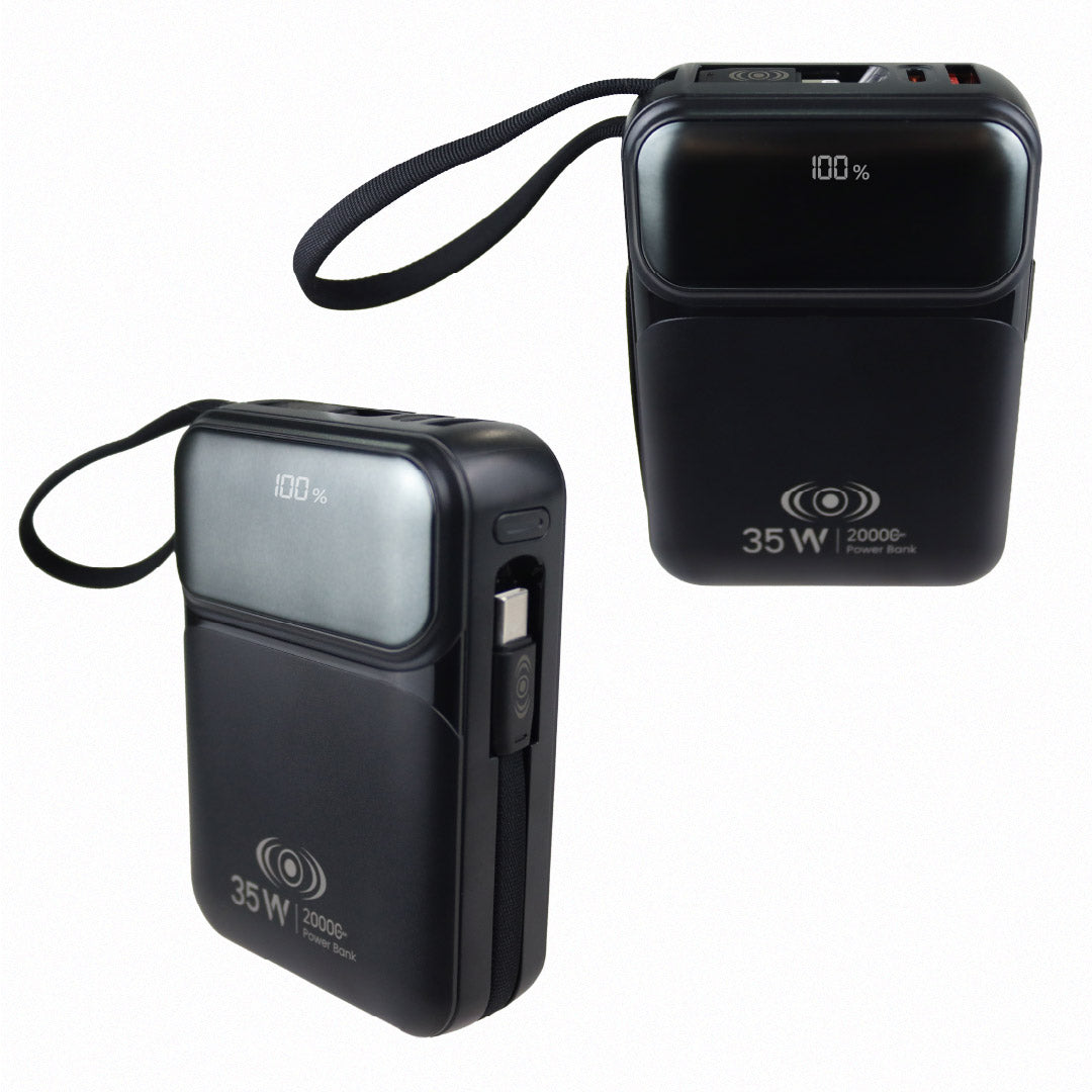 Power Bank Flow Series 20,000mAh 35W – Carga Rápida con Cables Integrados y Pantalla Digital - Negro