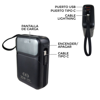 Power Bank Flow Series 20,000mAh 35W – Carga Rápida con Cables Integrados y Pantalla Digital - Negro