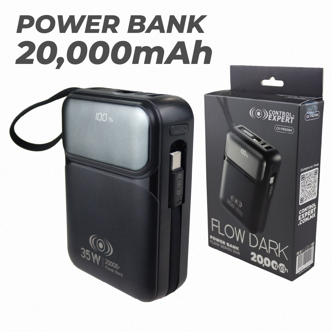 Power Bank Flow Series 20,000mAh 35W – Carga Rápida con Cables Integrados y Pantalla Digital - Negro