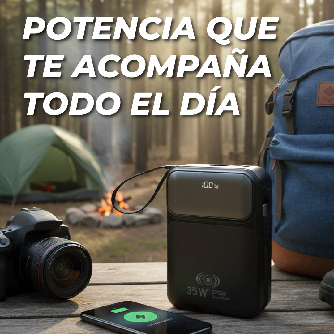 Power Bank Flow Series 20,000mAh 35W – Carga Rápida con Cables Integrados y Pantalla Digital - Negro