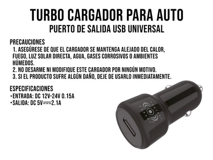 Turbo Cargador Para Auto 2.1A - Negro