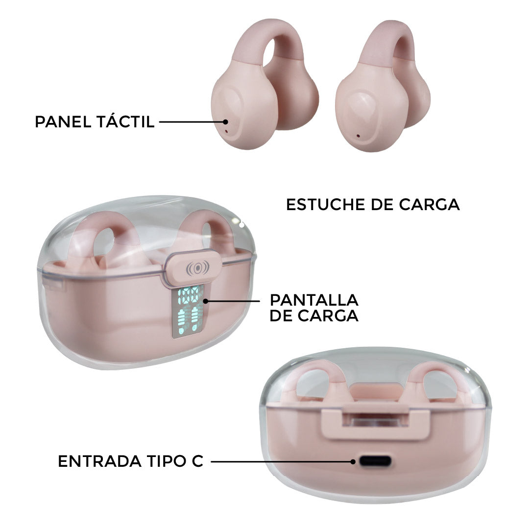 Audífonos Earclips Pro TWS – Control Táctil, Sonido Hi-Fi y Diseño Ergonómico Ultra Ligero - Rosa