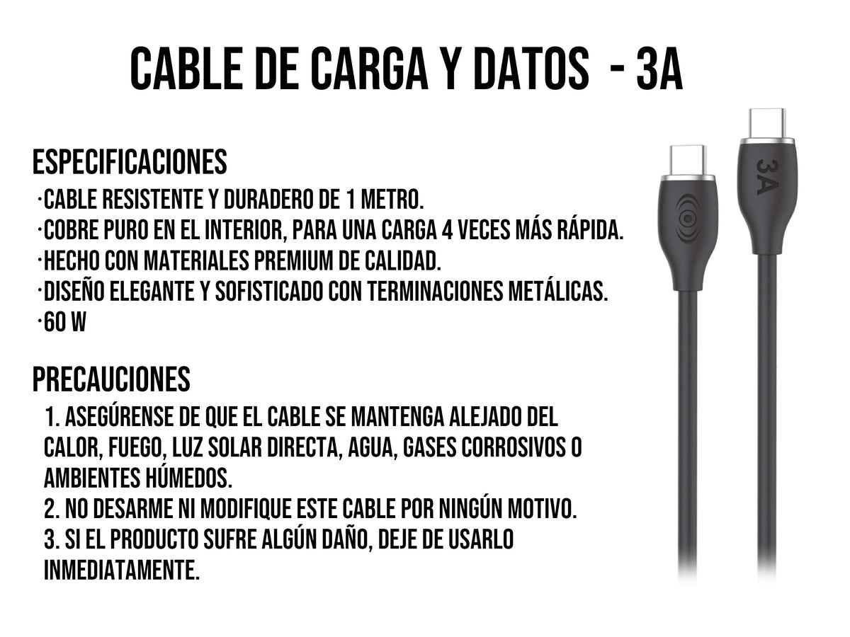 Cable Tipo C a Tipo C 60W Carga Rápida Negro - Negro