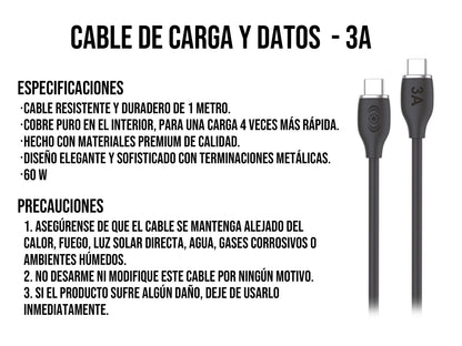 Cable Tipo C a Tipo C 60W Carga Rápida Negro - Negro