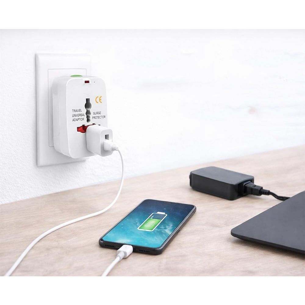 Adaptador Universal de Viaje Internacional Todo en Uno | Enchufe Europeo, Americano, UK y Australia Compatible Más de 150 Países Protector contra Sobretensiones