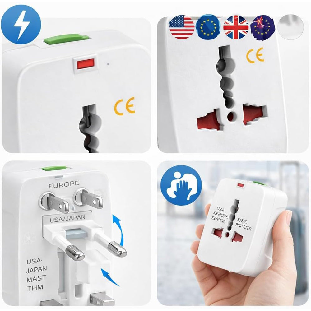 Adaptador Universal de Viaje Internacional Todo en Uno | Enchufe Europeo, Americano, UK y Australia Compatible Más de 150 Países Protector contra Sobretensiones