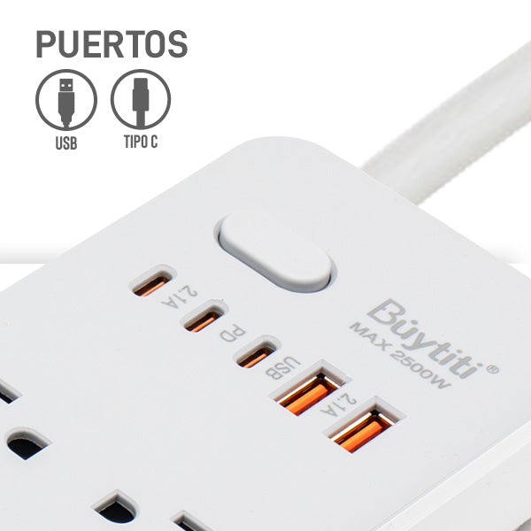 Multicontacto de 2500W con Puertos USB y Tipo C