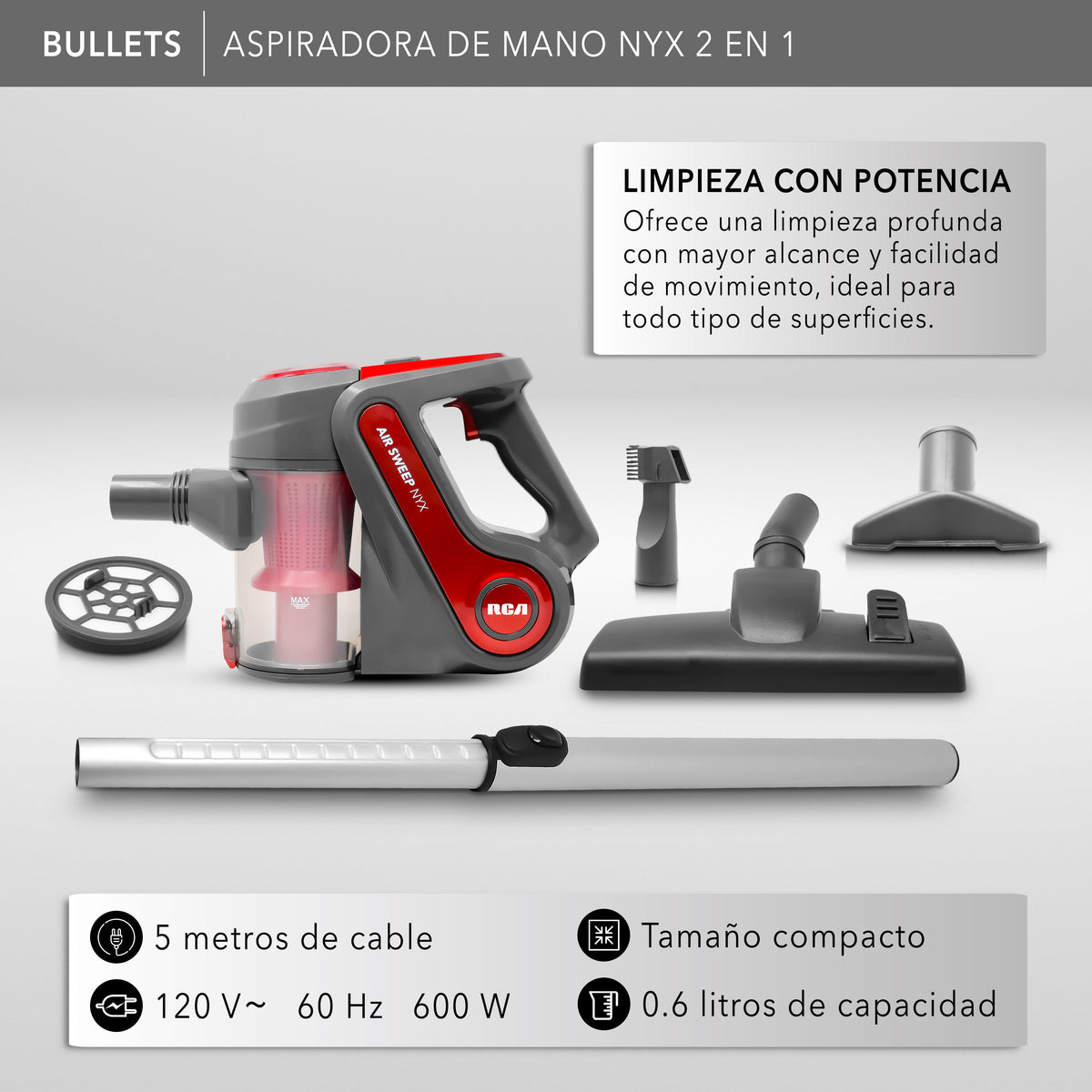 Rca Aspiradora De Mano Nyx RC-A1 2 En 1 Hogar Y Auto - Gris